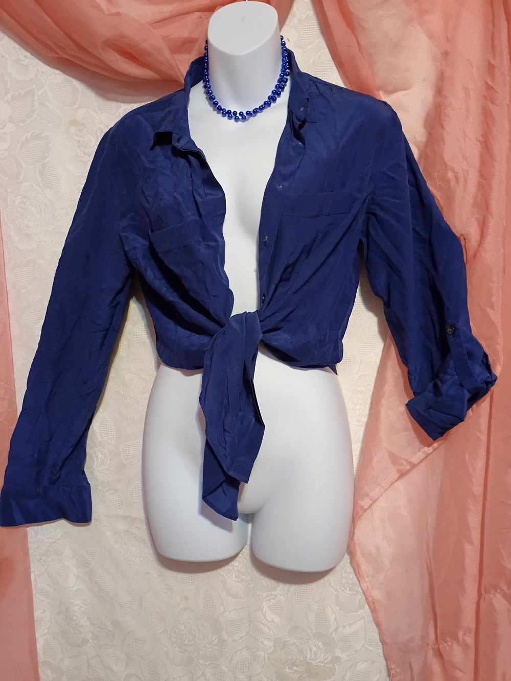 Ann Taylor Ladies Silk Navy Button Down Shirt Sz M